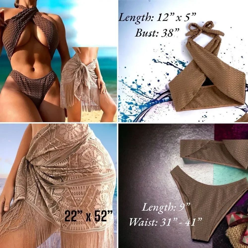 Chic Brown Bikini Swimwear l Cris-cross bikini & sarong l NWOT
